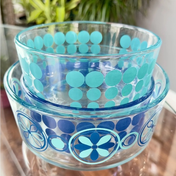 Set of Three Classic PYREX Clear Patterned Bowls - Turquoise & Navy RETRO BOHO - Picture 3 of 11